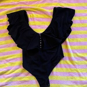 Chic Black Ruffled Bodysuit